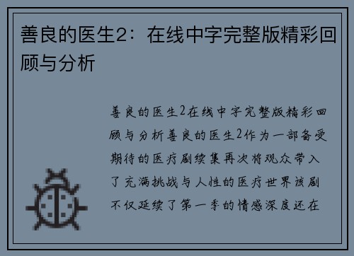 善良的医生2：在线中字完整版精彩回顾与分析